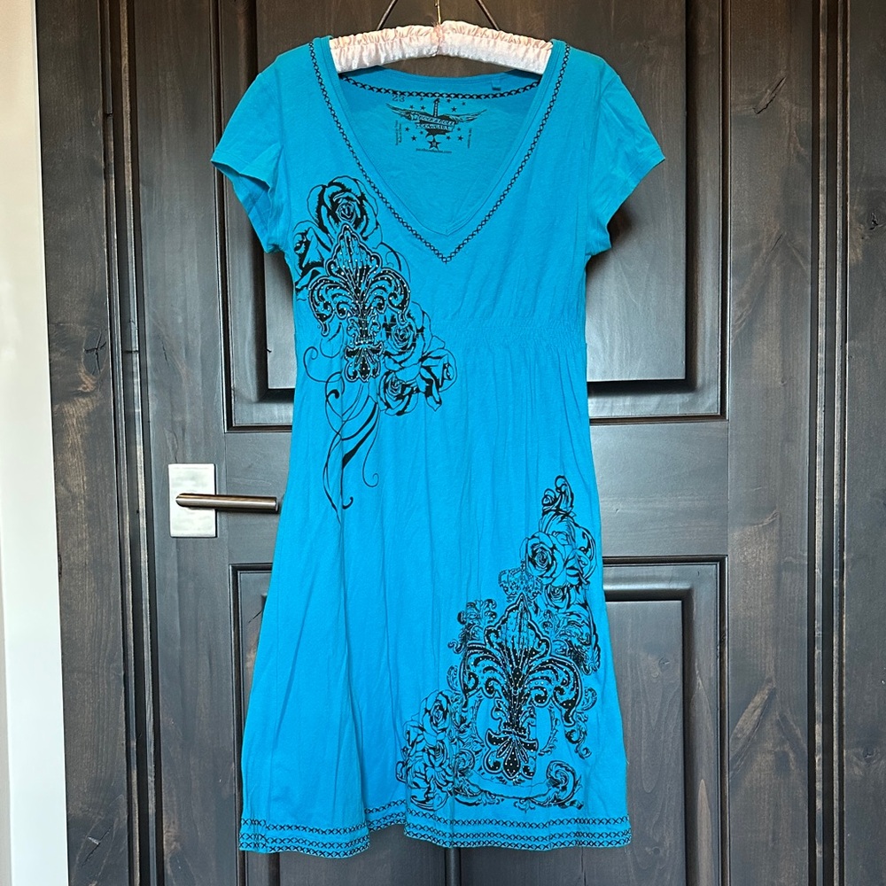 Rock & Roll Cowgirl Teal Embroidered Midi Dress